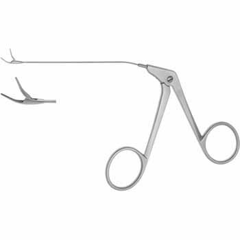 MICRO ALLIGATOR EAR FORCEPS 80MM, CURVED UP, JAWS 0,5X7,0MM, SERRATED, TUBULAR SHAFT Ø 0,9MM