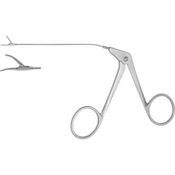 MICRO ALLIGATOR EAR FORCEPS 80MM, CURVED LEFT, JAWS 0,5X7,0MM, SERRATED, TUBULAR SHAFT Ø 0,9MM