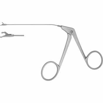 MICRO EAR FORCEPS 80MM, CURVED LEFT ROUND CUPS Ø 1MM, TUBULAR SHAFT Ø 0,9MM