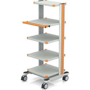 EQUIPMENT CART, GREY/ORANGE, 144CM HIGH 3 SHELVES + 1 SHELF W HANDLE + 1 MONITOR SHELF, ANTISTATIC, CAMERA HEAD HOLDER