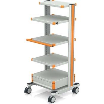 EQUIPMENT CART, GREY/ORANGE, 144CM HIGH 3 SHELVES,1 SHELF W HANDLE,1 MONIT.SHELF 1 DRAWER, ANTISTATIC, CAMERA HEAD HOLDER