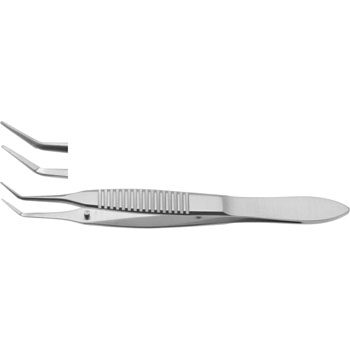 MCPHERSON SUTURE FORCEPS 85MM ANGLED 4MM PLATFORM SERRATED HANDLE