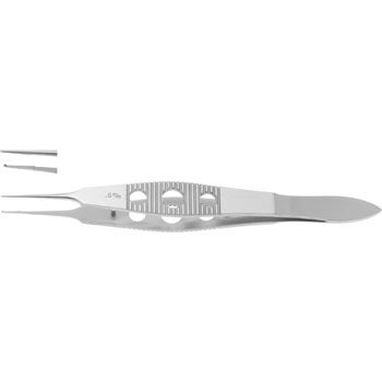 MCPHERSON SUTURE FORCEPS 105MM STRAIGHT 1X2 TEETH 0,4MM 5MM LONG PLATFORM SERRATED 3 HOLE HANDLE