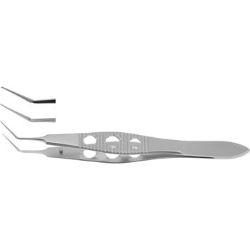 KRAFF CAPSULE/TAG FORCEPS 105MM 1,5MM GRASPING TIP, 11MM LONG JAWS ANGLED, SERRATED 3 HOLE HANDLE