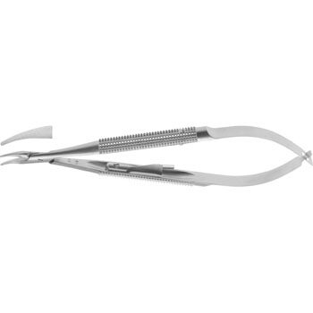 MICRO BARRAQUER NEEDLE HOLDER 120MM CURVED SMOOTH JAWS 0,75MM WITH CATCH ROUND HANDLE Ø8MM