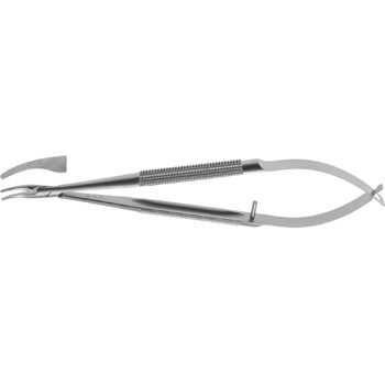 BARRAQUER NEEDLE HOLDER 130MM CURVED MICRO SERRATED JAWS WITHOUT CATCH ROUND HANDLE Ø8MM