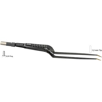 BIPOLAR FORCEPS 150MM, 1,2MM, BAYONETT PLATFORM 6MM UPWARDS ANGLED WITH STOP GUIDING PIN, NON STICK