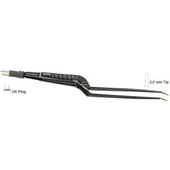 BIPOLAR FORCEPS 150MM, 2,0MM, BAYONETT PLATFORM 6MM UPWARDS ANGLED WITH STOP GUIDING PIN, NON STICK, US PLUG