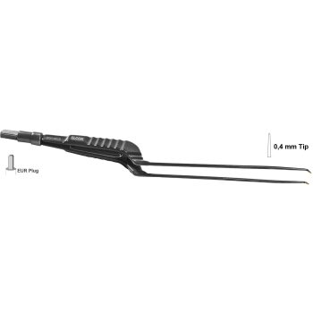 BIPOLAR FORCEPS 160MM, 0,4MM, BAYONETT PLATFORM 4,0MM UPWARDS ANGLED WITH STOP GUIDING PIN, NON STICK