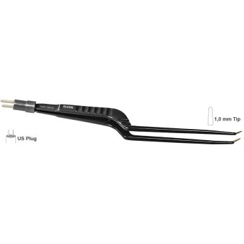 BIPOLAR FORCEPS 160MM, 1.0MM, BAYONETT DOWNWARDS ANGLED WITH STOP GUIDING PIN NON STICK, US PLUG