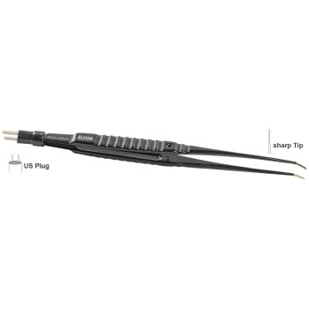 BIPOLAR FORCEPS 160MM, SHARP, PLATFORM 6MM ANGLED WITH STOP GUIDING PIN, NON STICK, US PLUG