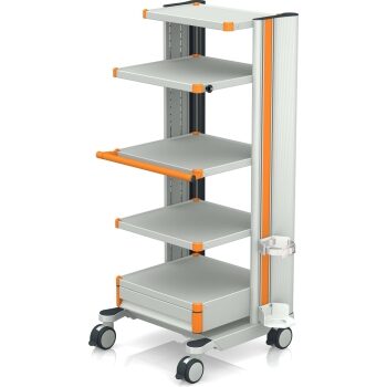 EQUIPMENT CART, 144CM HIGH, ANTISTATIC, 5 SHELVES, BOTTLE HOLDER, 1 DRAWER, CAMERA HOLDER, EURO SOCKET STRIP 6 FOLD