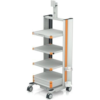 EQUIPMENT CART, 144CM HIGH, ANTISTATIC, 4 SHELVES, BOTTLE HOLDER, 1 DRAWER, CAMERA HOLDER, EURO SOCKET STRIP 6 FOLD