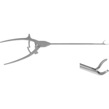 SUTURE GRASPING FORCEPS, 155MM, 45° LEFT ANGLED, SERRATED, AXIAL HANDLE